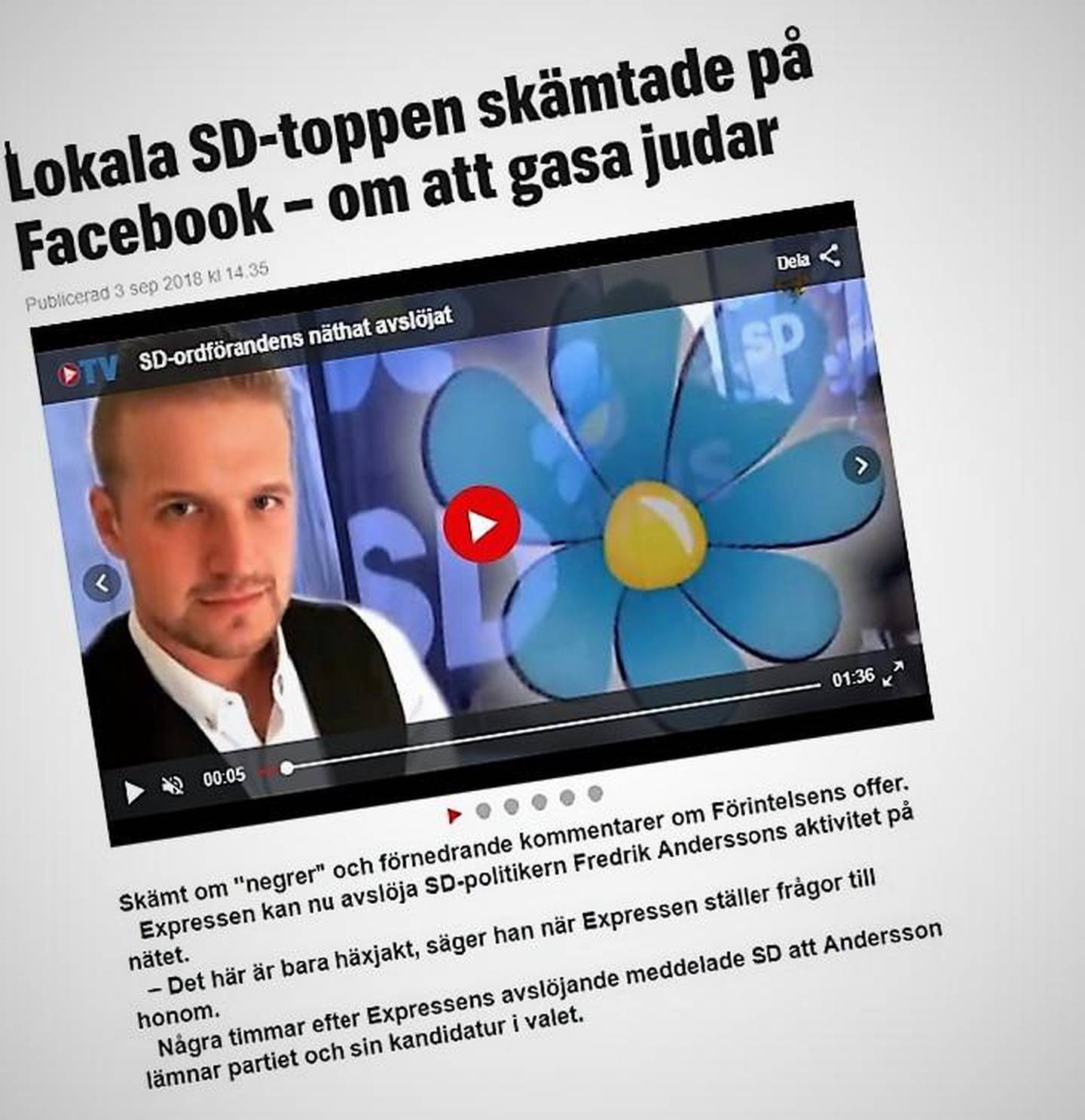 SD-politikeren Fredrik Andersson trekker seg fra alle verv - og fra partiet - etter avsløringer om at han har skrevet og delt nazistisk og rasistisk propaganda på Facebook.