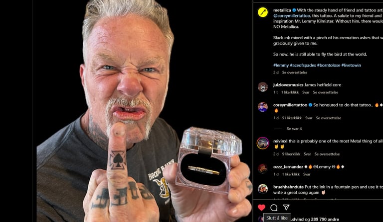 På Instagram viser Hetfield fram tatoveringen og asken til Lemmy Kilmister.