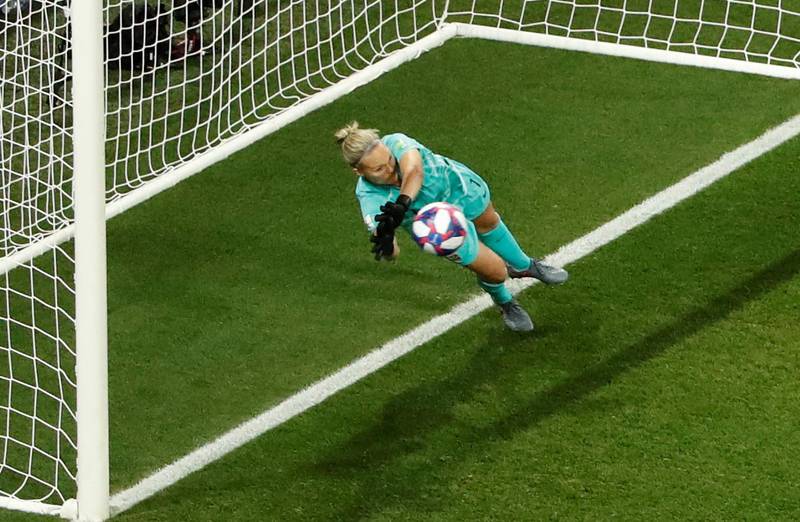 Soccer Football - Women's World Cup - Round of 16 - Norway v Australia - Allianz Riviera, Nice, France - June 22, 2019. Norway's Ingrid Hjelmseth saves a penalty.      REUTERS/Jean-Paul Pelissier
