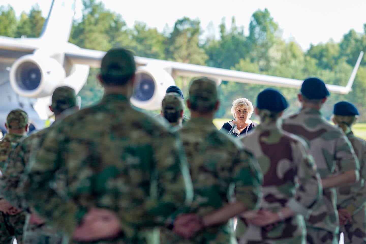 Statsminister Erna Solberg holdt tale under mottagelsen for de siste norske kampsoldatene som i juni i år kom med fly fra Afghanistan.