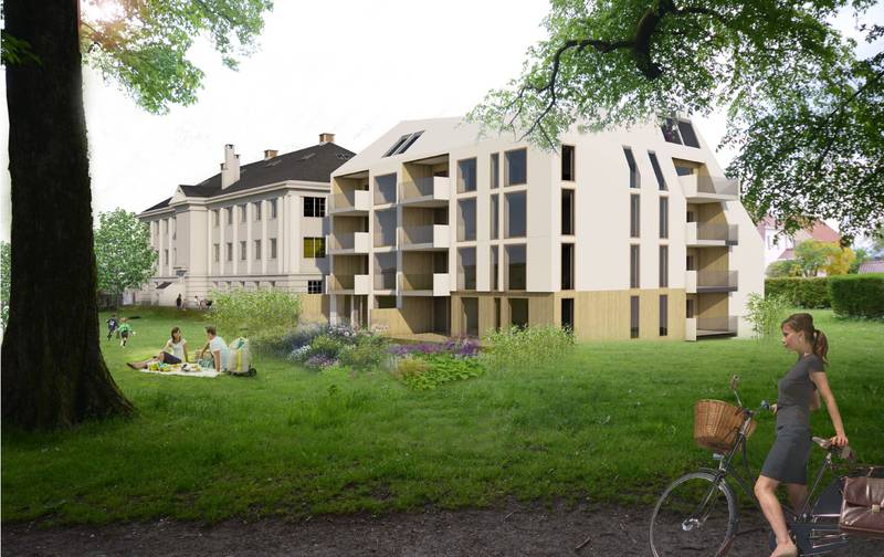 Leiligheter fra fem til 30 millioner kroner skal inn i et nybygg, Ledaal Park, ved siden av laboratoriet. Illustrasjon: Brandsberg Dahl