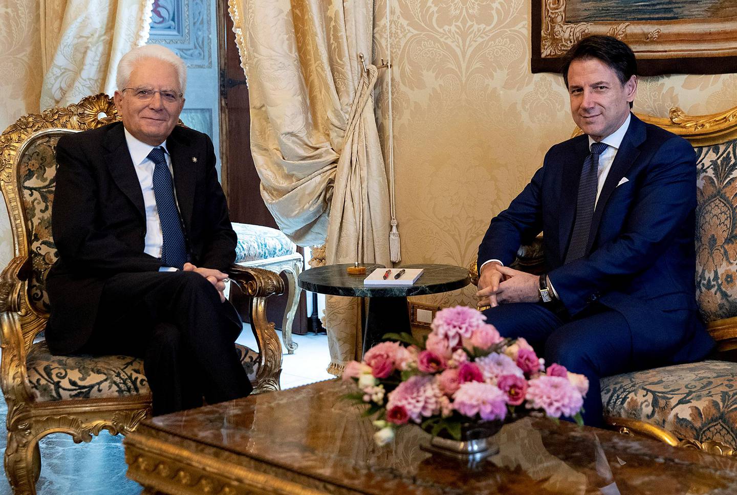 Italy's President Sergio Mattarella meets Prime Minister Giuseppe Conte in Rome, Italy August 29, 2019. Presidential Palace/Paolo Giandotti/Handout via REUTERS ATTENTION EDITORS - THIS IMAGE HAS BEEN SUPPLIED BY A THIRD PARTY. NO RESALES. NO ARCHIVES. REFILE - REMOVING ERRONEOUS INFORMATION