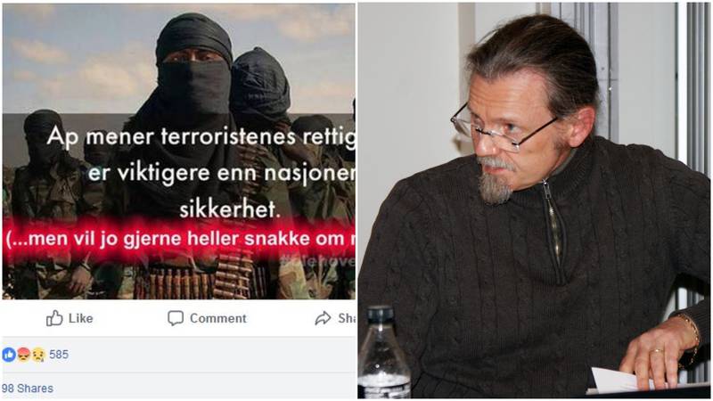 Frp-nestleder i Drammen Ole Hovengen (t.h.) har så langt ikke villet fjerne Facebook-posten som har nøyaktig samme budskap som Sylvi listhaug allerede har beklaget.