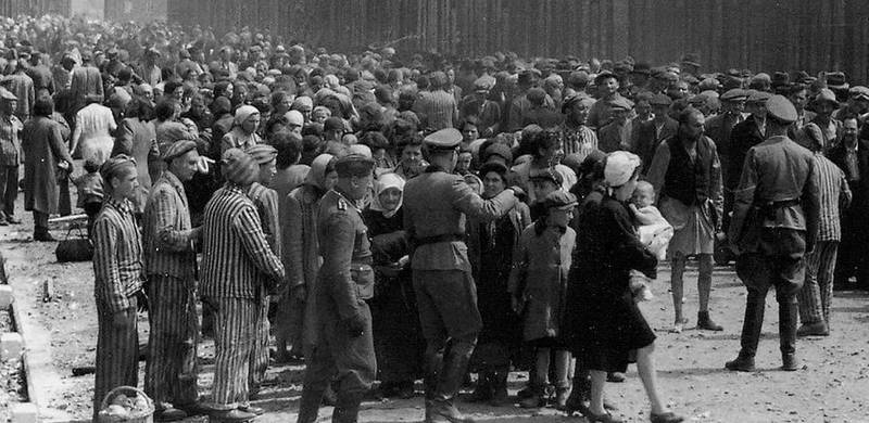 Jøder ankommer Auschwitz-Birkenau i mai/juni 1944. Allerede på plattformen blir valget tatt – straffarbeid eller gasskammeret. De fleste var døde få timer etter togets ankomst. Foto: Wikipedia Commons