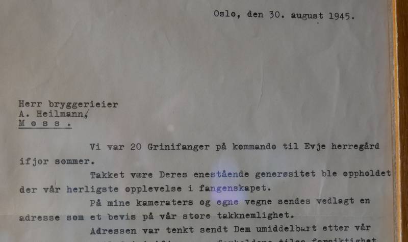 Takk: Bryggerieier Alfred Heilmann fikk takkebrev fra Grini-fangene for «skjenkingen» på Evje gård i Rygge.