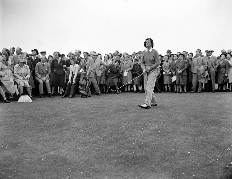 Mildred Babe Didrikson Zaharias, of Park Hill Country Club, U.S. A., drives off to the 15th during her semifinals match against Jean M. Donald, North Berwick, at Gullane Links, Scotland, June 11, 1947.  Zaharias beat Berwick 5 and 4.  (AP Photo)