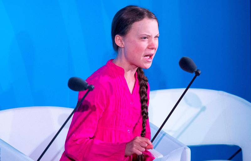 Greta Thunberg fra talerstolen under FNs klimatoppmøte tidligere i år.
Foto: Johannes Eisele