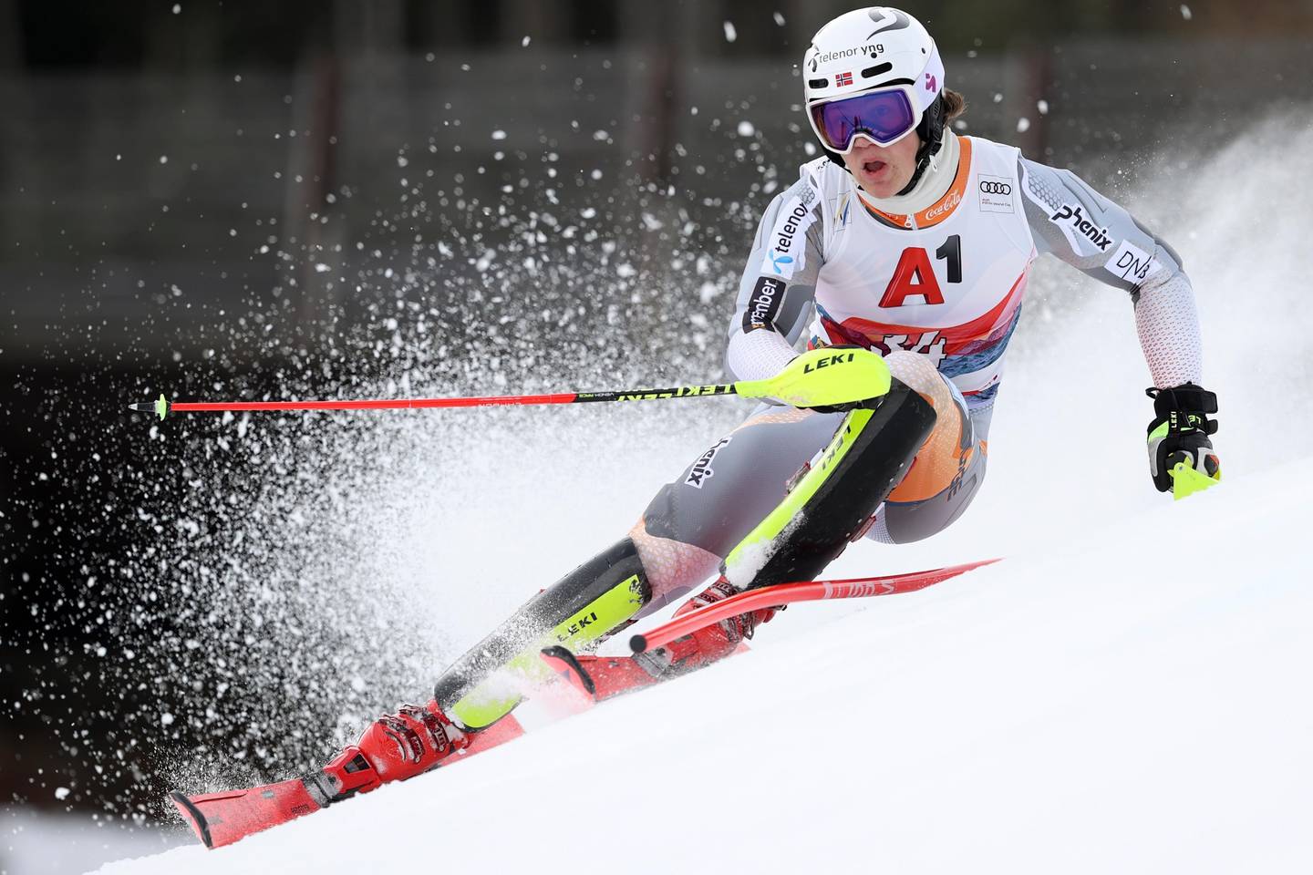 Norway's Lucas Braathen speeds down the course during an alpine ski, men's World Cup slalom, in Kitzbuehel, Austria, Sunday, Jan. 26, 2020. (AP Photo/Alessandro Trovati)