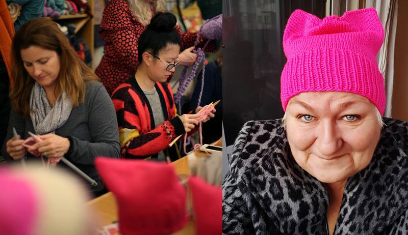 Pussypower: Kvinner over hele verden strikker rosa lue. Blogger Lene Wikander (t.h) har fått lue av en av sine lesere. 