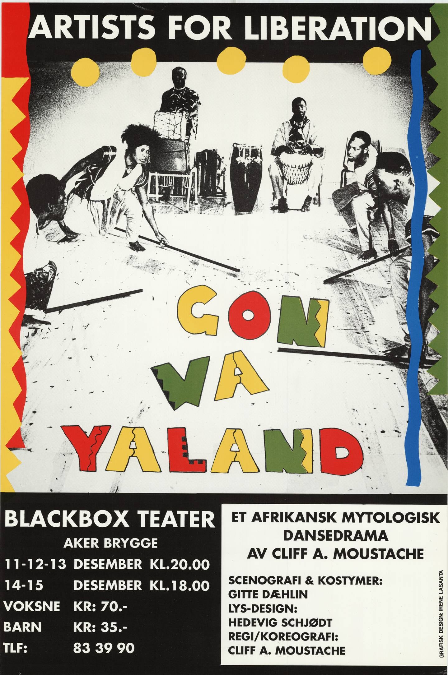 Plakat for forestillingen Gonvayaland med tegning av trommespillere.