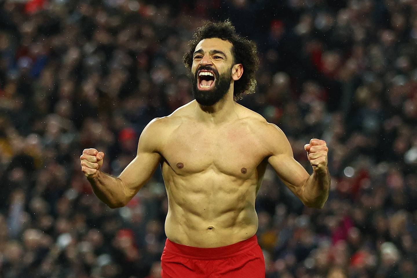 Liverpools Mohamed Salah feirer kampen mot Manchester United 5. mars. Hva ble resultatet?