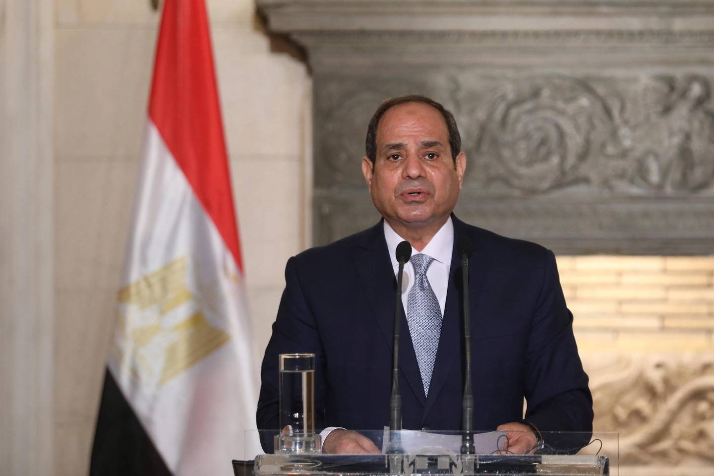Egyptian President Abdel Fattah al-Sisi makes statements during a joint news conference with the Greek Prime Minister Kyriakos Mitsotakis at Maximos Mansion in Athens, Wednesday, Nov. 11, 2020. Egypt's president is meeting with Greek officials in Athens on his first visit to the southern European nation since the two countries signed a deal demarcating maritime boundaries between them in the eastern Mediterranean. (Costas Baltas/Pool via AP)