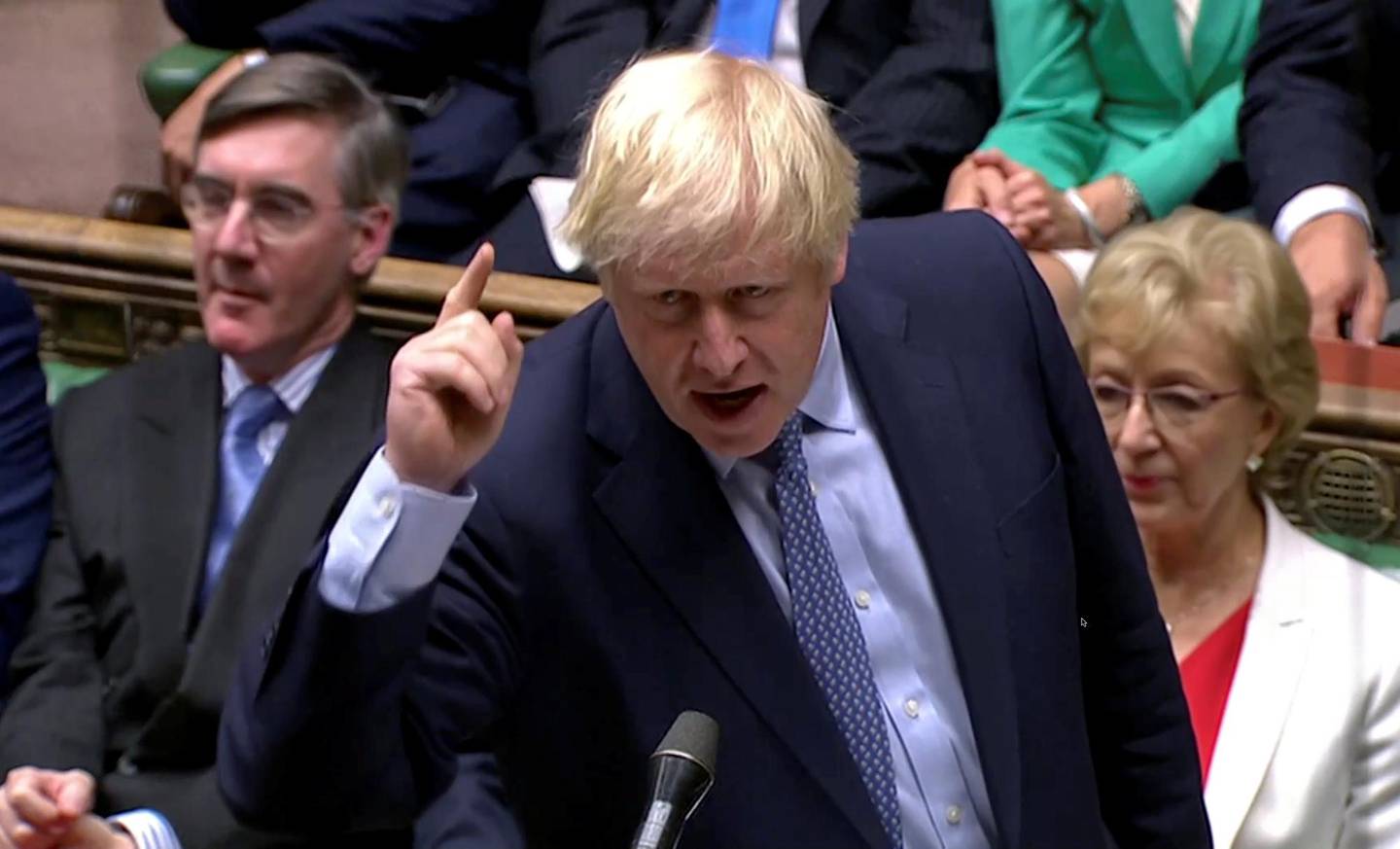 Britain's Prime Minister Boris Johnson gestures as he speaks at the parliament, which reconvenes after the UK Supreme Court ruled that his suspension of the parliament was unlawful, in London, Britain, September 25, 2019, in this screen grab taken from video. Parliament TV via REUTERS