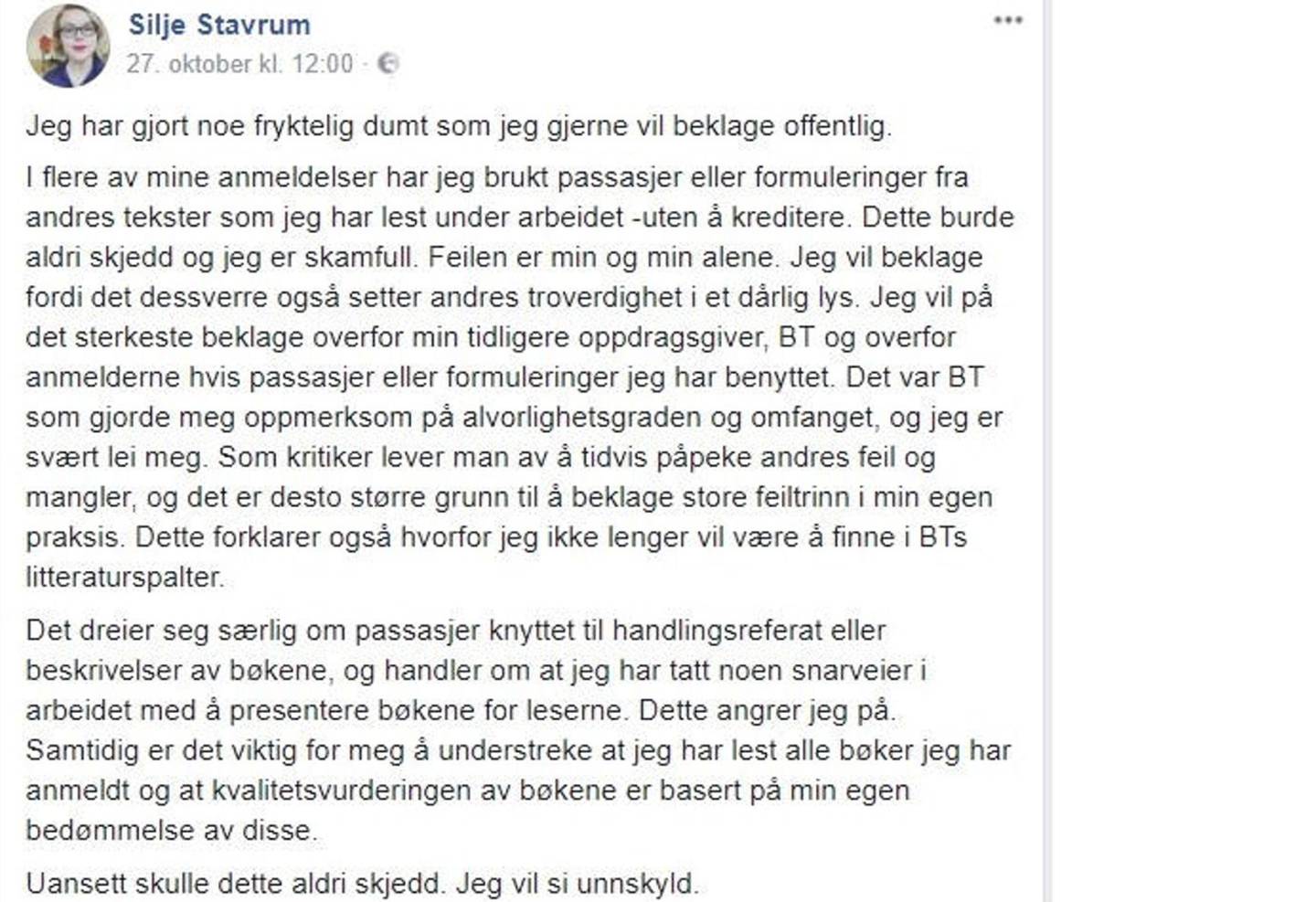 Kritiker Silje Stavrum Noreviks beklagelse, publisert i BT og på Facebook.