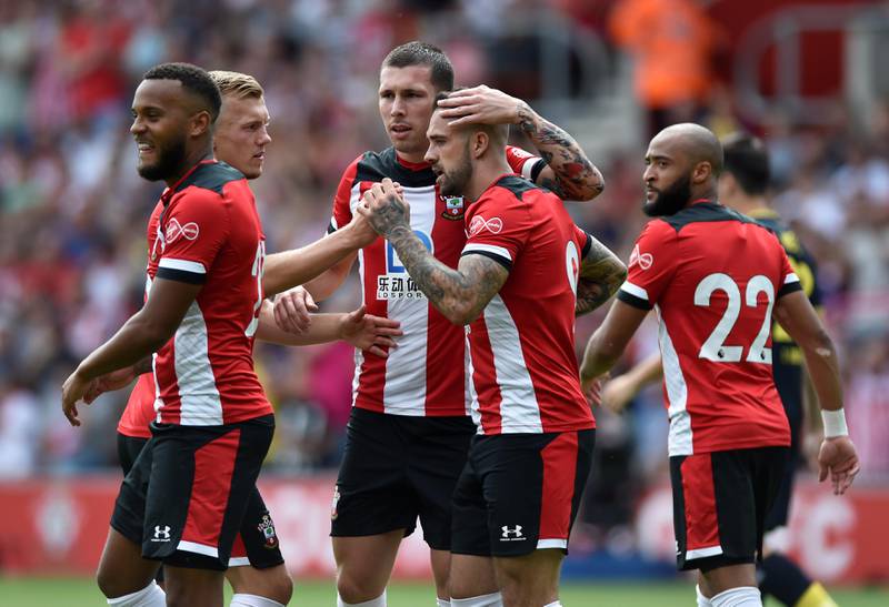 Soccer Football - Pre Season Friendly - Southampton v FC Cologne - St Mary's Stadium, Southampton, Britain - August 3, 2019   Southampton's Danny Ings celebrates with team mates after scoring their first goal from the penalty spot    Action Images via Reuters/Adam Holt