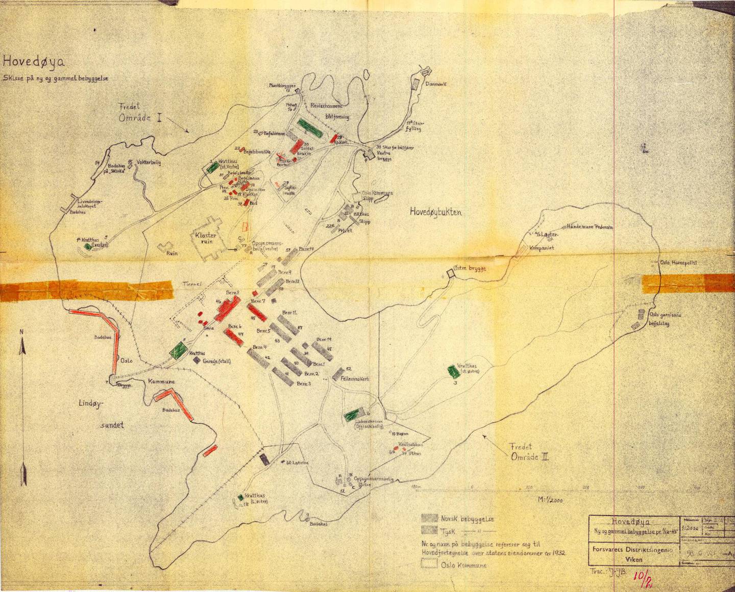 Dette kartet fra 1945 dukket opp da Bymiljøetaten skulle flytte. Tunnel står det skrevet der den gule teipbiten (til venstre) slutter. Ryktene var sanne.
Bildetekst til soldatbildet siste side: Leiren på Hovedøya dannet en egen militær «landsby».