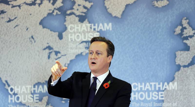 Statsminister David Camerons krav til EU er nå lagt på bordet, og det er klart for forhandlinger over lang tid om britenes medlemskap. Her fra talen ved tankesmien Chatham House i går. FOTO: KIRSTY WIGGLESWORTH/NTB SCANPIX