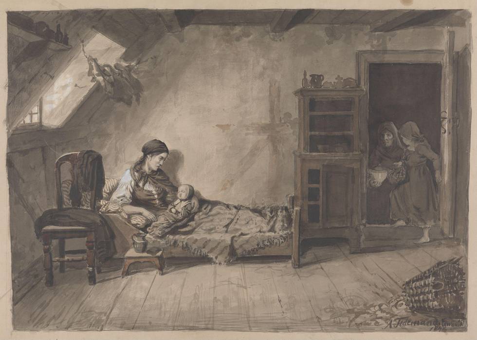 Besøk hos en fattig kone. Tegning av Adolph Tidemand 1848.