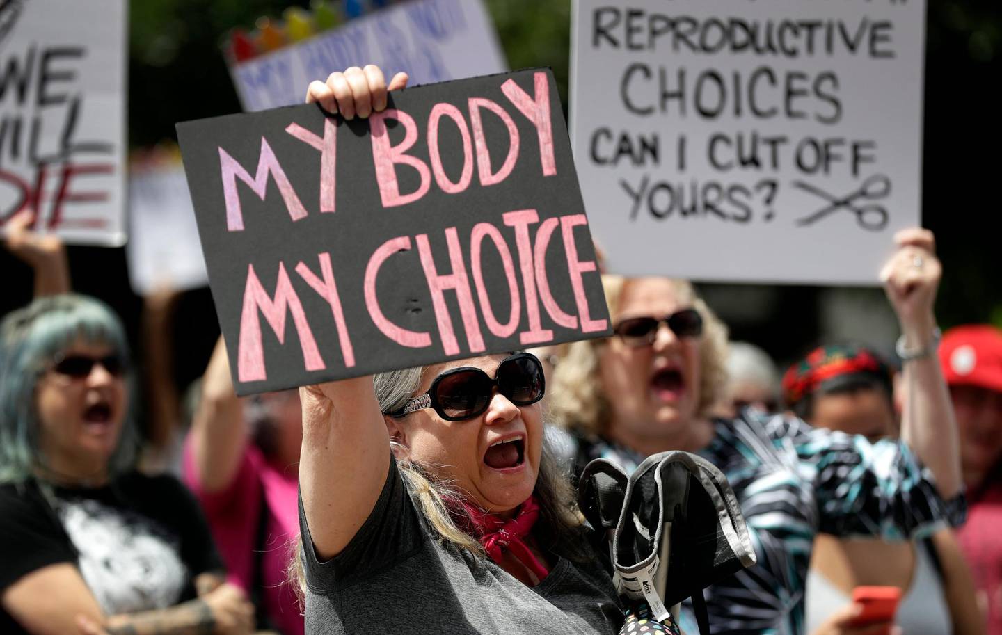 A group gathers to protest abortion restrictions at the State Capitol in Austin, Texas, Tuesday, May 21, 2019. (AP Photo/Eric Gay)