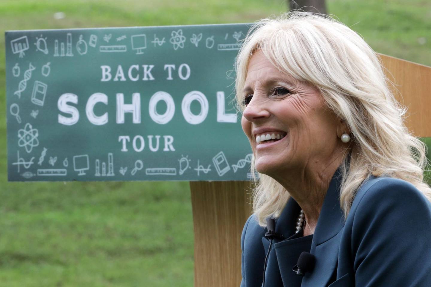 WILMINGTON, DELAWARE - SEPTEMBER 01: Dr. Jill Biden, wife of Democratic presidential candidate former Vice President Joe Biden, speaks during a visit at Evan G. Shortlidge Academy on September 1, 2020 in Wilmington, Delaware. Dr. Biden visited the school and took part in conversations with educators on safely reopening schools.   Alex Wong/Getty Images/AFP
== FOR NEWSPAPERS, INTERNET, TELCOS & TELEVISION USE ONLY ==