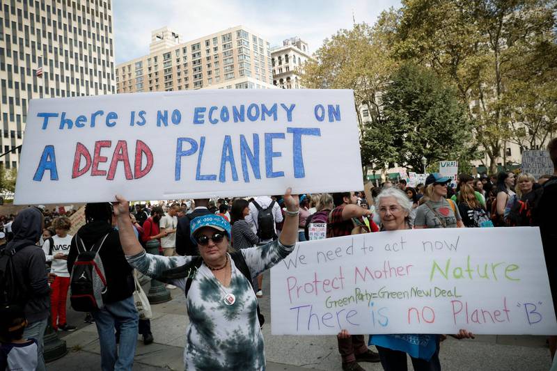 Activists take part in a demonstration as part of the Global Climate Strike in Manhattan in New York, U.S., September 20, 2019. REUTERS/Shannon Stapleton