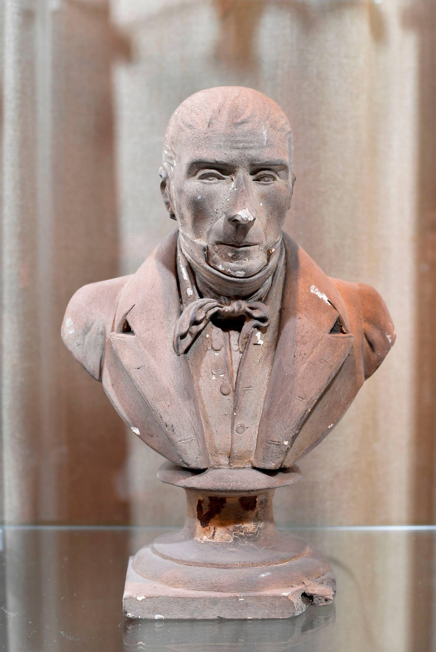 A bust of Mayor Pierre David is pictured at the city's Museum of Fine Arts on September 3, 2020, in Vervier. - An ornate fountain in Verviers, eastern Belgium, has given up an object it held for more than a century: the heart of the city's first mayor.The organ, sealed in a jar of alcohol inside a small zinc casket, was found during renovation of the fountain. The casket is now on show in the city's Museum of Fine Arts. Mayor Pierre David died in 1839, but the fountain named after him was only inaugurated in 1883. An engraving on the casket says it was placed in the monument at the time."The heart of Pierre David was solemnly placed in the monument on 25 June 1883". (Photo by JOHN THYS / AFP)
