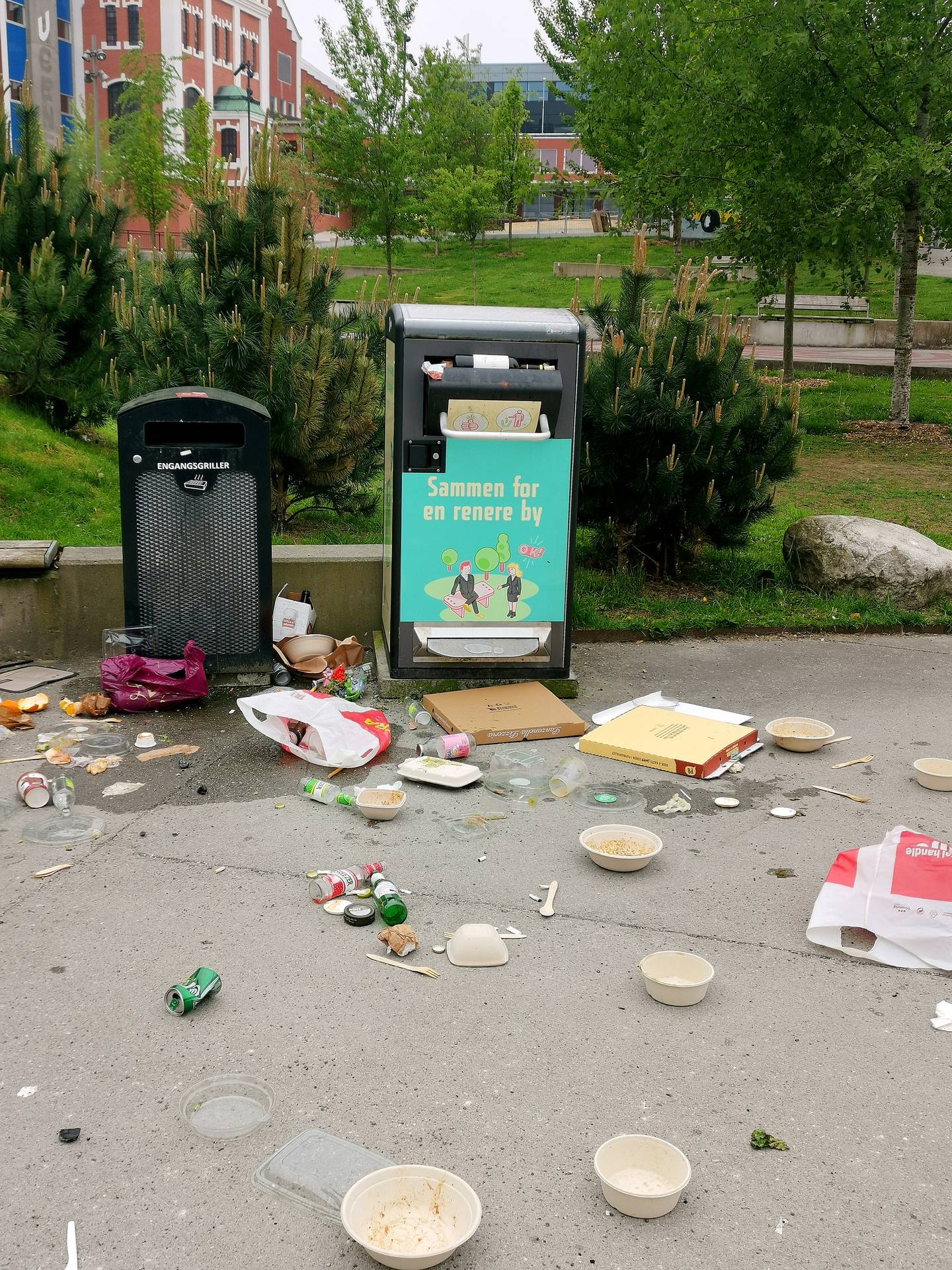 Slik ser det ofte ut ved Sjøparken i Østre bydel i godværshelgene. Naboer av området ønsker flere avfallsdunker i området.