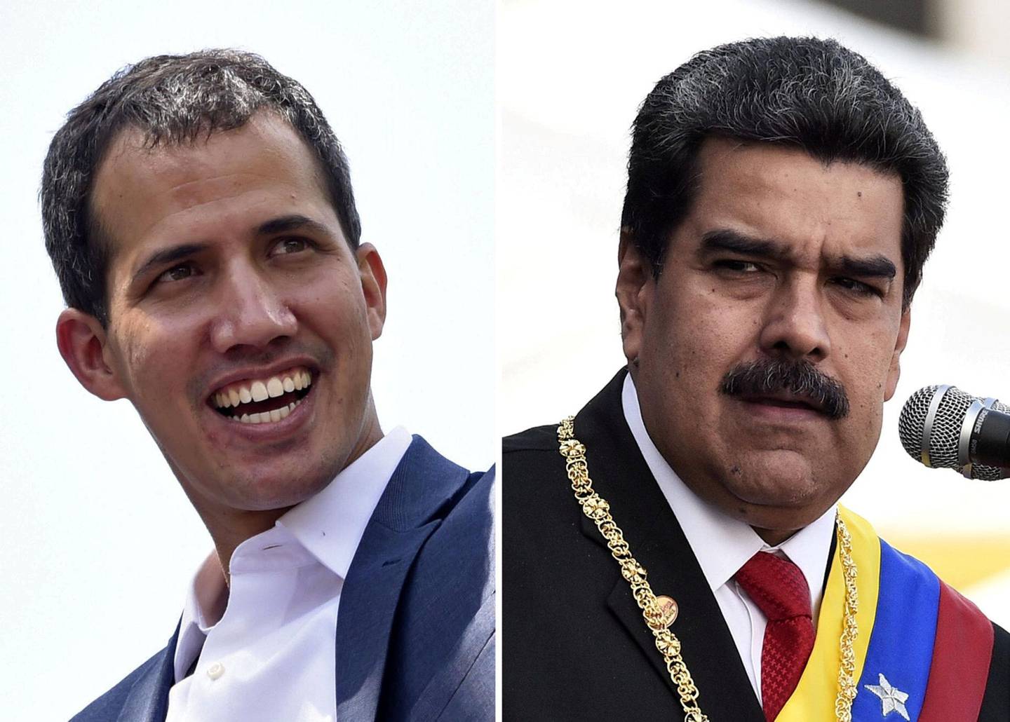 MAKTKAMP: Opposisjonsleder Juan Guaidó (t.v.) og president Nicolás Maduro kniver om makten etter at Guaido erklærte seg som interimspresident. FOTO: NTB SCANPIX
