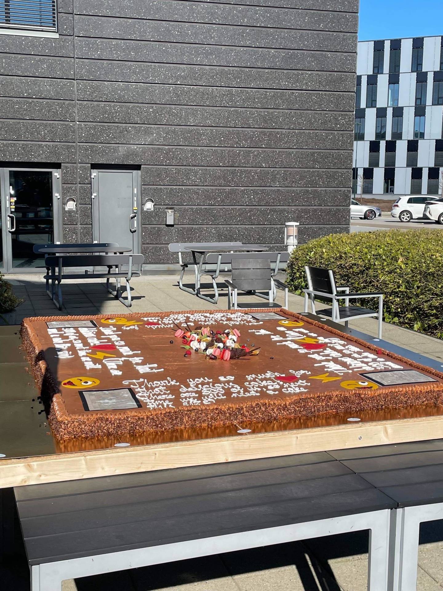 Easee sendte denne kaken, 2 x 2 meter stor, i retur til Zaptec og påpekte at Easee hadde 300 ansatte og trengte denne kakestørrelsen neste gang Zaptec skulle sende kake. Kaken gikk ikke gjennom dørene hos Ipark hvor Zaptec holder hus.