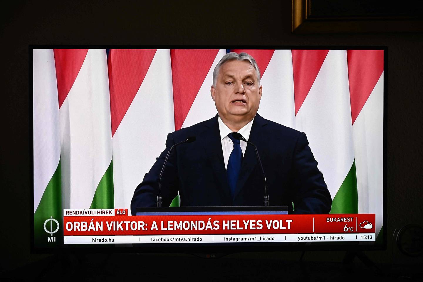A TV screen picture shows Hungarian Prime Minister and Chairman of the governing FIDESZ party Viktor Orban as he delivers his annual state of the nation speech in front of his party members and sympathizers at Varkert Bazar cultural center in Budapest, Hungary on February 18, 2024. (Photo by ATTILA KISBENEDEK / AFP)
