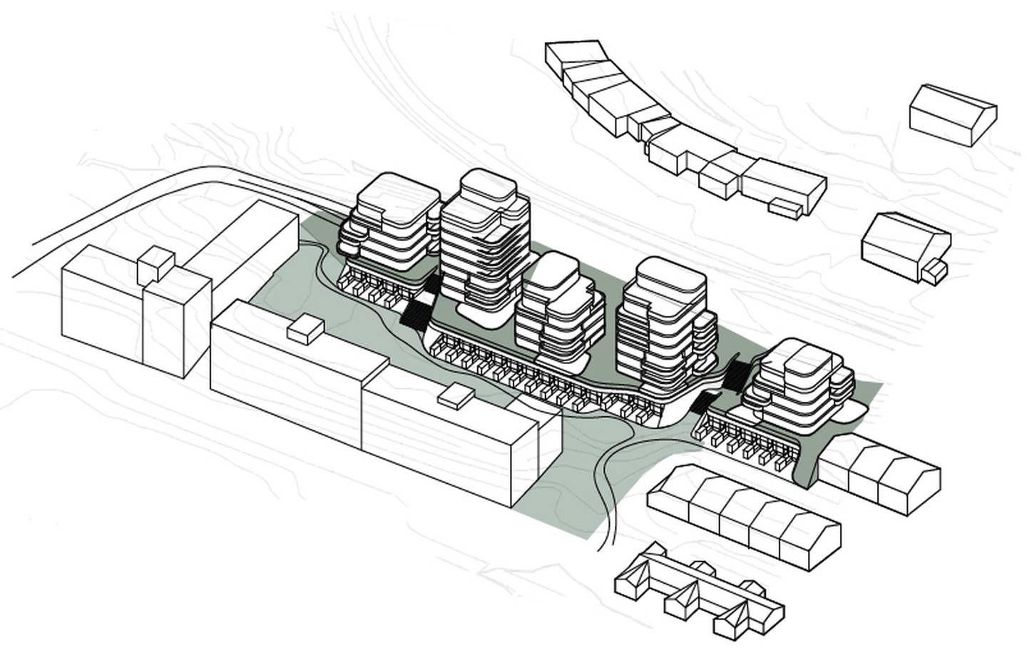 Skisse av utbyggingsplanene, med Solbakken Terrasse nederst på venstre halvdel av illustrasjonen.