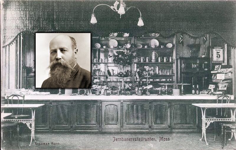Kunstneren Christian Krohg (innfelt) likte seg på Jernbanerestauranten i Moss, der han kunne nyte sin portvin og samtidig iaktta travle togpassasjerer. Bildet er fra 1918.