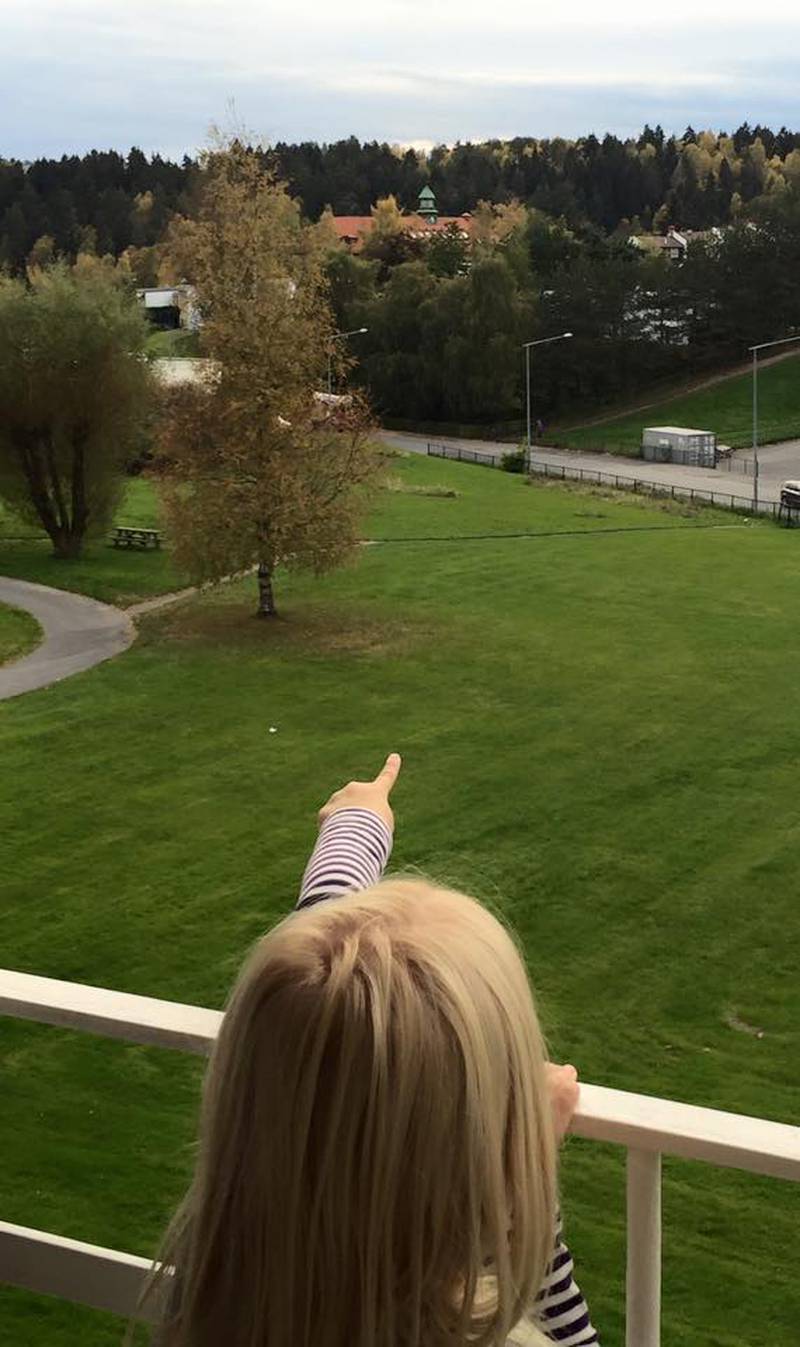 Nabofamilien til Tommy Nysveen har tatt bildet fra balkongen. Familien ser Østensjø skole fra blokka, men må ifølge Utdanningsetaten heller gå på Godlia skole. FOTO: PRIVAT