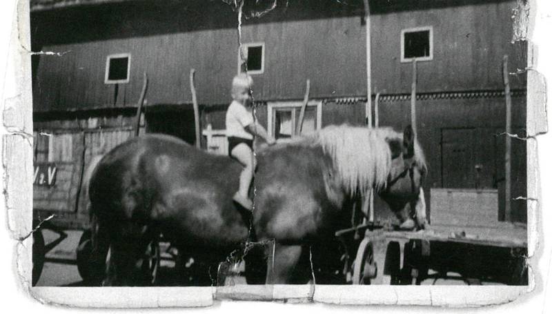 SØRLILØKKA 1950: Bildet viser at det var drift på gården helt til 1950-tallet. Her er Stig Berg, som fortsatt er Kampen-beboer, fotografert på hesteryggen. 