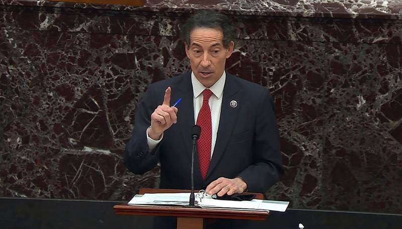 In this image from video, House impeachment manager Rep. Jamie Raskin, D-Md., speaks during the second impeachment trial of former President Donald Trump in the Senate at the U.S. Capitol in Washington, Tuesday, Feb. 9, 2021. (Senate Television via AP)
