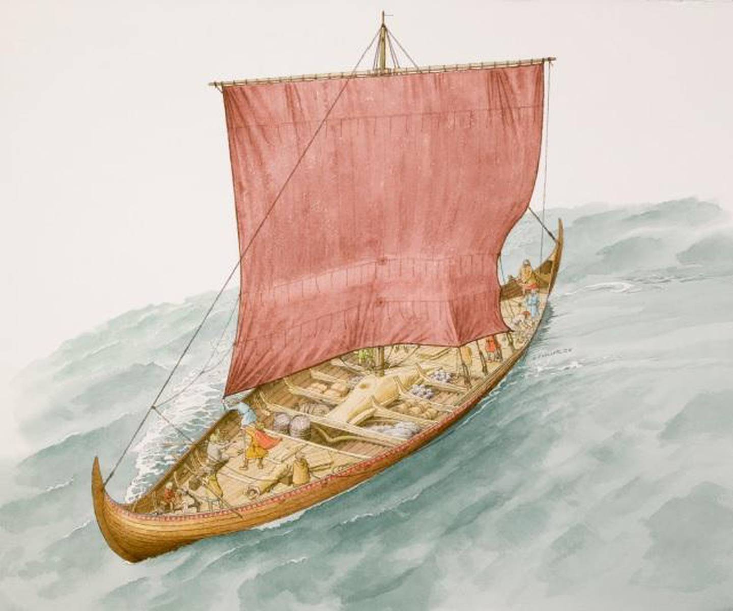 Knut Paasche fikk laget denne akvarellen som en illustrasjon på hvordan Tuneskipet kan ha sett ut i høy sjø og med seilet hevet.