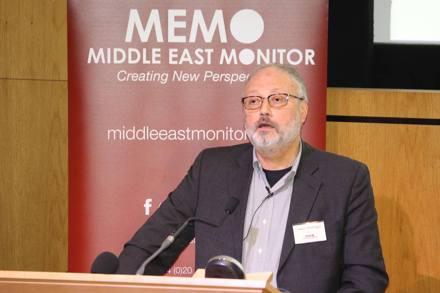Saudi dissident Jamal Khashoggi speaks at an event hosted by Middle East Monitor in London Britain, September 29, 2018. Picture taken September 29, 2018. Middle East Monitor/Handout via REUTERS.  ATTENTION EDITORS - THIS IMAGE WAS PROVIDED BY A THIRD PARTY