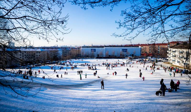 Oslo 20210130. 
På Ola Narr ved Carl Berners plass i Oslo er det fullt av barn i alle aldre som nyter det vakre vinterværet lørdag.
Foto: Håkon Mosvold Larsen / NTB