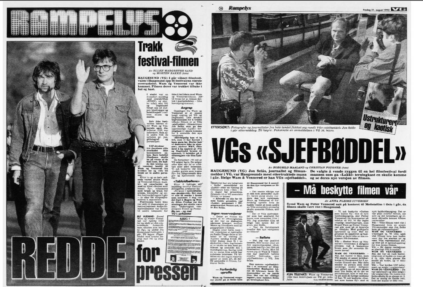 Faksimile VG 21. august 1992: Wam og Vennerød forlot filmfestivalen i Haugesund, i protest mot VGs anmelder Jon Selås