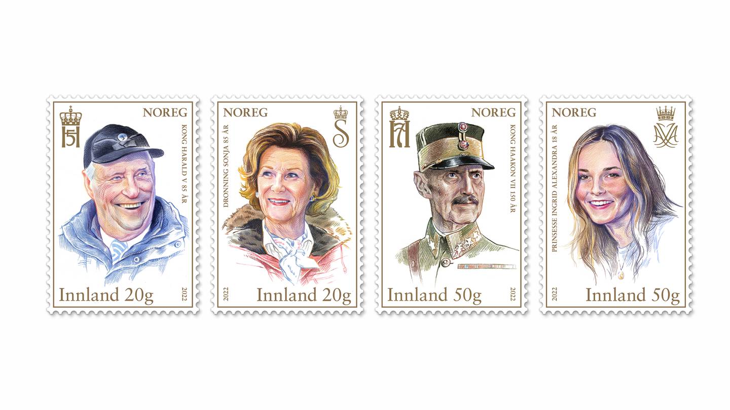 22. april gir Posten ut fire frimerker med de kongelige jubilantene kong Haakon VII, kong Harald V, dronning Sonja og prinsessen Ingrid Alexandra. Frimerkene er tegnet av Trond Bredesen.
Foto: Posten Norge / NTB