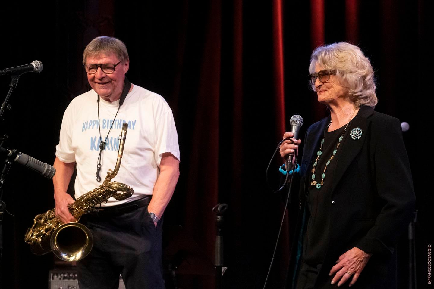 John Surman og Karin Krog på scenen under feiringen av Karin Krogs 85-årsdag, på Nasjonal Jazzscene 15. mai