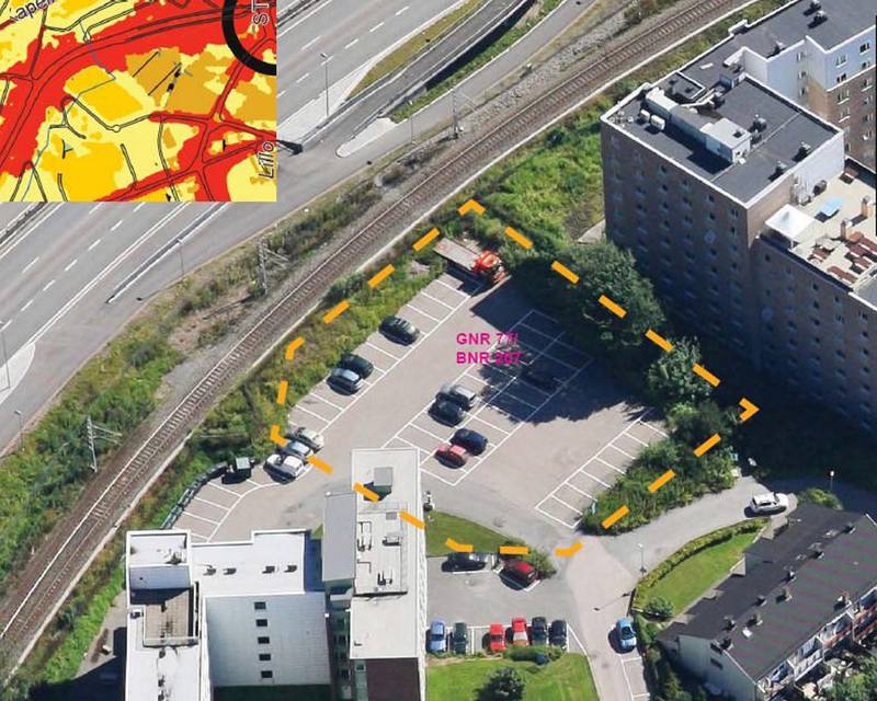 Gunnar Schjelderups vei 11 (i gult stiplet felt) ligger i rød støysone på Plan- og bygningsetatens tegninger.