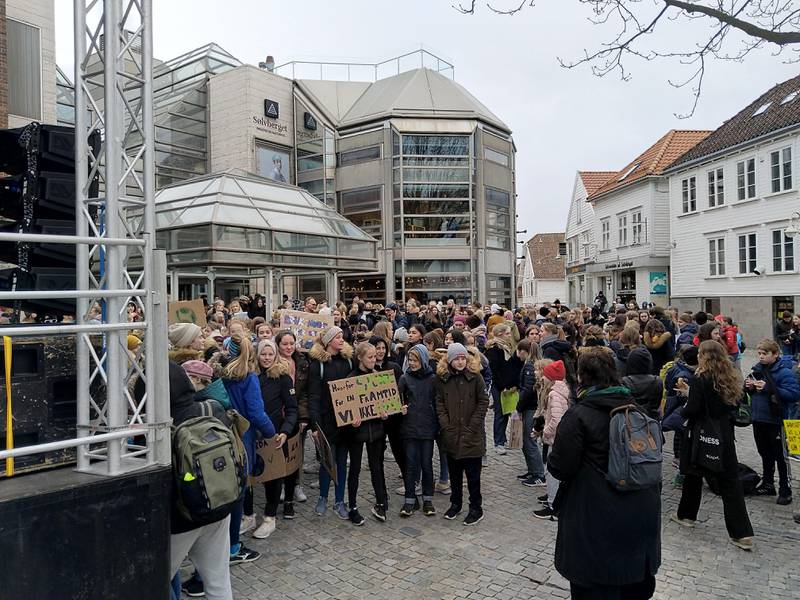Klimastreikende elever på plass på Arneageren fredag. Foto: Lars Hjalmarsson