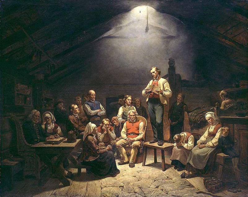 Ifølge Kjell Magne Bondevik var lekpredikanten Hans Nielsen Hauge både en forkynner, gründer og feminist. Her illustrert med den norske kunstneren Adolph Tidemands berømte bilde «Haugianerne» (1852).