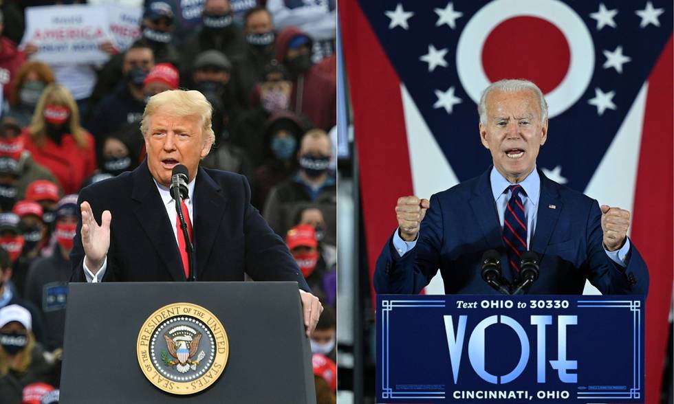 (COMBO) This combination of pictures created on October 30, 2020 shows
US President Donald Trump speaks during a campaign rally at Manchester-Boston Regional Airport in Londonderry, New Hampshire on October 25, 2020.
Democratic Presidential candidate and former Vice President Joe Biden delivers remarks at a voter mobilization event in Cincinnati, Ohio, on October 12, 2020, where he will speak to the importance of Ohioans making their voices heard this election. (Photos by MANDEL NGAN and JIM WATSON / AFP)