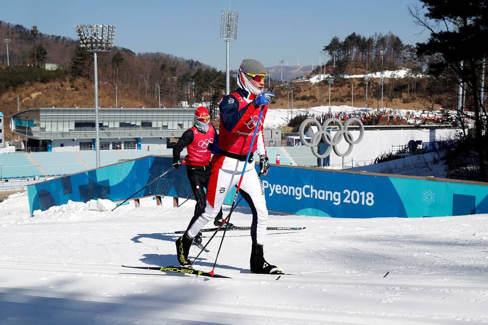 FÅR GÅ: Martin Johnsrud Sundby trener i OL-løypene i Pyeongchang. Gradestokken viste -20 grader i OL-byen. FOTO: CORNELIUS POPPE/NTB SCANPIX