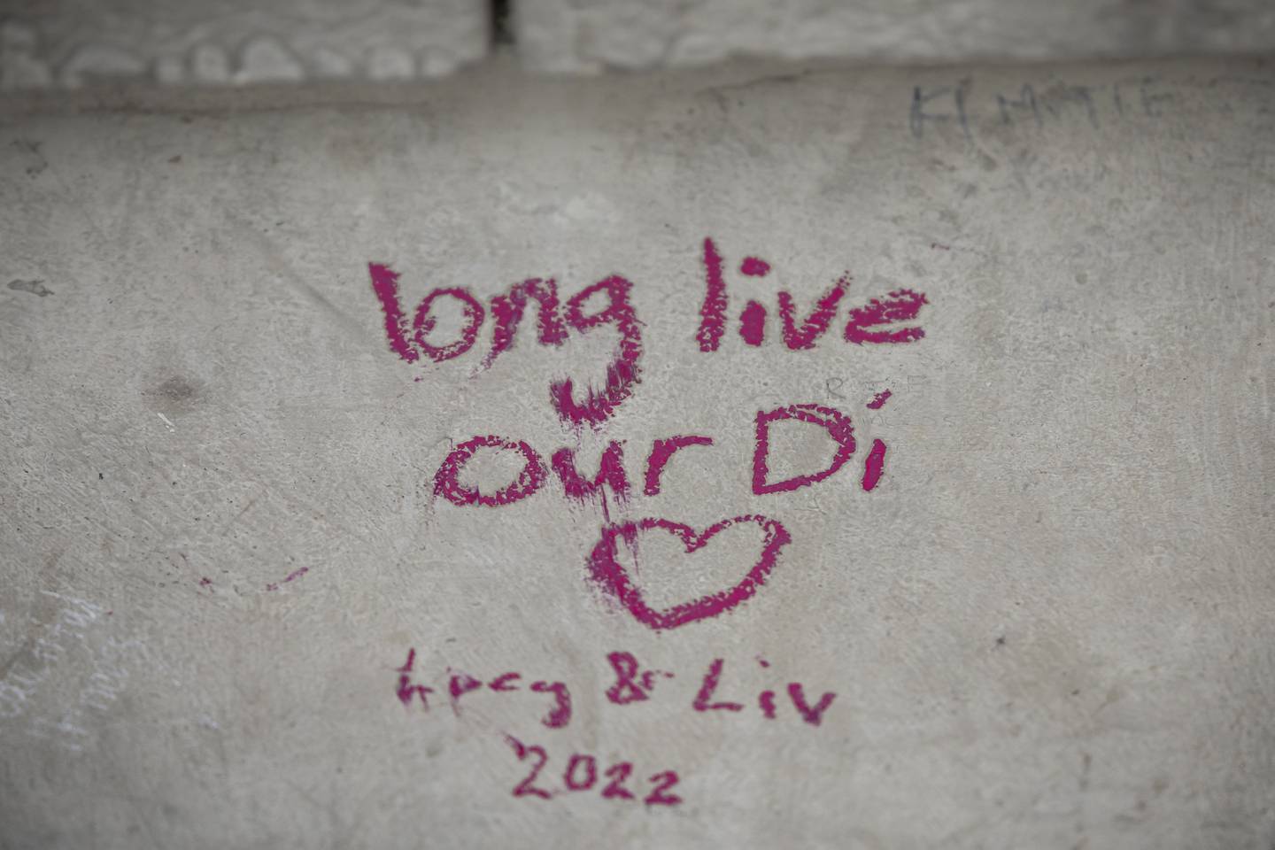Et budskap skrevet ned på en vegg nær minnestedet i Paris. Lenge leve vår Di, står det skrevet der. Foto: Aurélien Morissard / AP / NTB