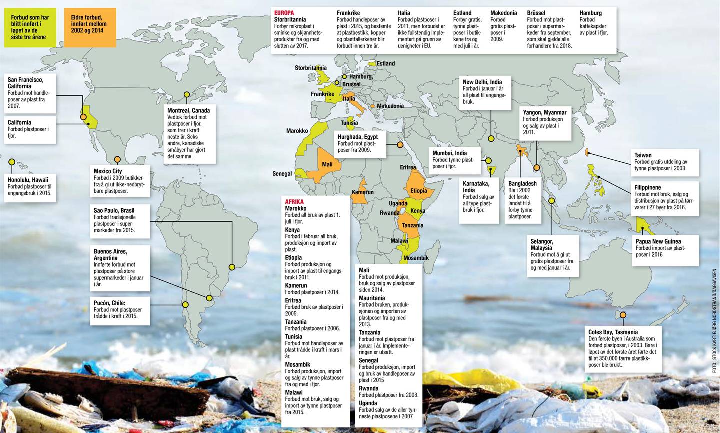 Oversikt over plastforbud rundt om i verden, 2017.