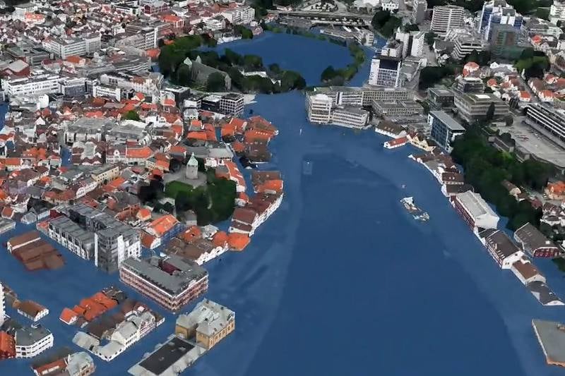 Slik kan det gå i Vågen i Stavanger dersom snittemperaturen stiger med fire grader. ILLUSTRASJON: Climate Central/Google Earth