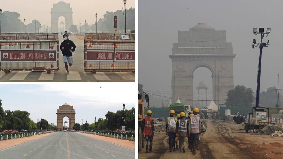 Bildet til venstre: Øverst: Monumentet India Gate i New Delhi avbildet i oktober 2019, og under i april 2020, da storbyen var nedstengt på grunn av pandemien.  Bildet til høyre: Samme sted under hindufestivalen divali 4. november i år.